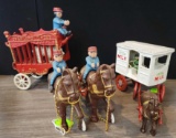 Cast iron Horse drawn Overland Circus cart and Milk cart