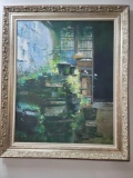 Large framed Oil painting Patio Signed CEF 2004