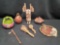 Indian pottery Carved water drum beater Raffia rattles