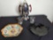 Vintage decorative United Electric hot pot with 2 cups. Black amethyst floral plate. Porcelain dish.