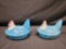 Two milkglass covered Chickens Blue Bodies w White heads