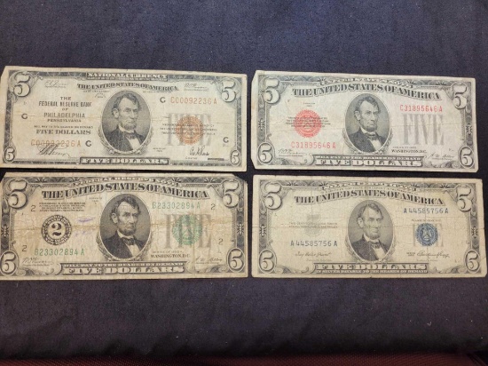 $5 Four Note Type Set: 1953 Silver, 1928 Legal Tender, FRBN and FRN Gold Clause Numerical Seal Note