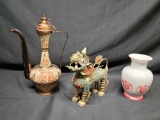 Vintage Tibet Nepal Brass Coral Turquoise inlay Foo Dog figure