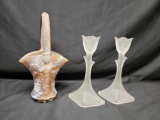 Frosted Rose Candlesticks Choc Swirl Milkglass look basket
