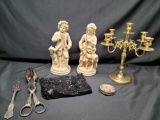 Vintage lot Baldwin brass Candleabra Staues Siverplate salad tongs