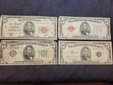 $5 Four Note Type Set: 1953 Silver, 1928 Legal Tender, FRBN and FRN Gold Clause Numerical Seal Note