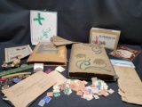 Vintage lot Album of postcards Stamps Pins
