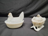 Milkglass Chicken covered dishes Early 20th century