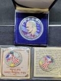 Colorized Coin Group-Two 90% Silver Walking Liberty Half Dollars and an Eisenhower Dollar
