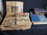 Box of vintage newspapers and books