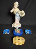 Small vintage Porcelain statue. 2 small ceramic jewelry boxs. 2 small ashtrays.