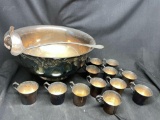 Large Silver Plated Punch Bowl with cups and ladle