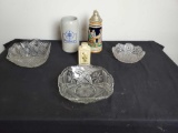 3 vintage glass bowls. 2 stien mugs. 1 porcelain piece.