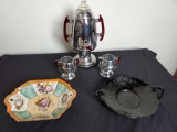 Vintage decorative United Electric hot pot with 2 cups. Black amethyst floral plate. Porcelain dish.