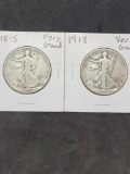 1918 and 1918-S Walking Liberty Halves in Problem Free Very Good Condition