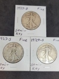 1927-S, 1929-S and 1937-D Semi-Key Walking Liberty Halves in Problem Free Fine Condition