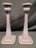 Pair Victorian Lavender milkglass candleabras gold etched design