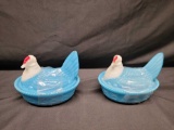 Two milkglass covered Chickens Blue Bodies w White heads