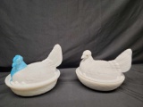 Two Milkglass covered Chicken dishes