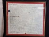 Wooden framed gold calligraphy writing on white cloth by John Johnson. on