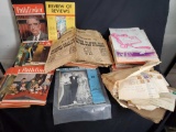 Box of vintage magazines. Newspapers. Music sheets. Old envelopes and letters ect.