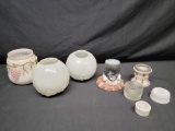Three Pre war Milkglass Dresser containers 5 Dresser jars no lids