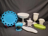 Jennylind milkglass pedestal center bowl. Berry Leaf cups