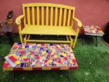 Mexican Tiled table and side table w Yellow wood rocker bench