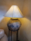 Very Unique metal pot lamp in stand w Hide lamp shade