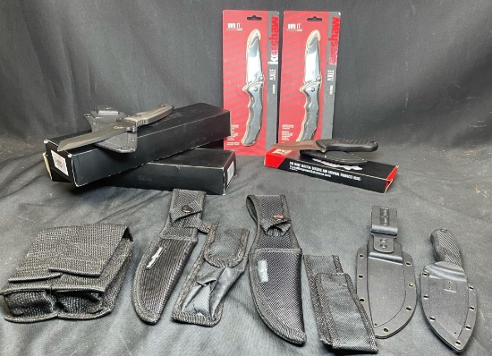 Survival Knife Lot. Fang by TRS. Talon By Hoffman Richter Axl by Kershaw and assorted Sheaths