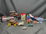 Vintage Metal and Wooden Toys. Texaco Gas Tanker Truck. Metal horse and Carrages wooden Jonah in a
