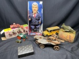 Hubley Metal School bus, Dancing Bill Clinton, Globe Union Vintage Roller Skates, Metal Toy tractors