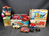Vintage Toys Tin Friction Fire Truck Made in Japan TN Nomura Toy, Push and Go Dog, Schulling Toy