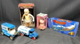 Mixed Toy Lot. Dancing Baby by Kinetix, Diecast Trucks by ERTL, Pinky Panky Wind Up toy by Alps Toys