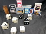 Game Room Lot Ceramic Dice, Assorted Card Games and Playing Cards, Wooden Dice Tube and Mini Sign