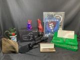 Grateful Dead Magazines and Photo, Folding Survival Knife, Tap and Die, Tanquery Jug, Army Hat, Eco