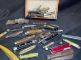 Box of old Pocket Knives Lion Case Rizutto Scout more