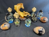 Assorted Animal Figurines, Snow Globes, Painted Eggs