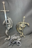Medieval Dragon Lot. Dragons Holding Swords and Dragon Figurine