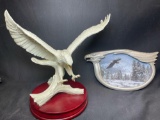 Landing Eagle Statue Music Box and Eagle Collector Plate On Eagles Wings by The Bradford Excahnge