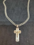 .925 Sterling Silver Thick Mens 24 Inch Necklace with Cross Over 53 Grams