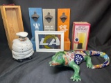 Mystic Pint Glass, Ceramic Chef Condiment Holder, Wooden Bottle Openers, Colorful Lizard Statue and