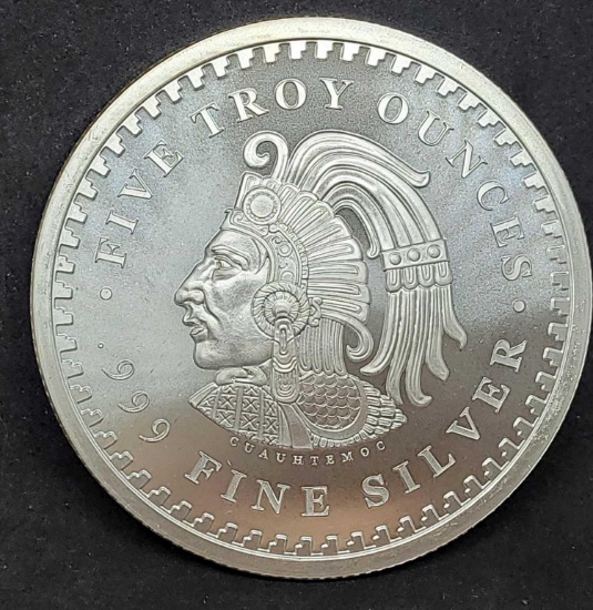 5 Ounce Silver Round Mexico Cuahtemoc Silver .999 Fine Silver ASW Silver Amazing High Relief Detail