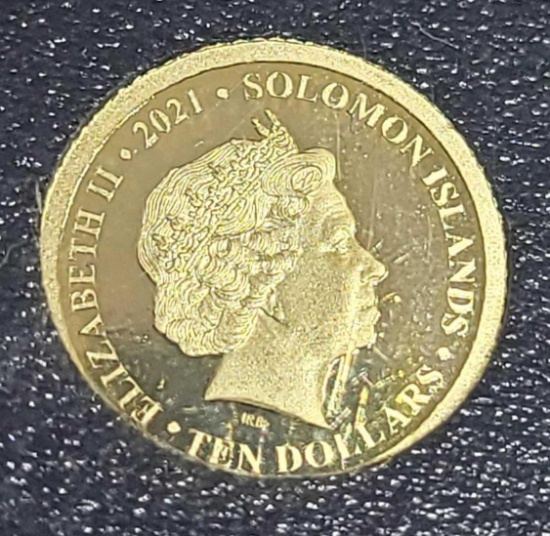 Gold 2021 Solomon Islands 1/2 Gram Proof $10 24K Age of Dinosaurs T-Rex Coin
