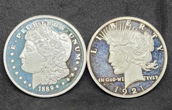 1889-CC Morgan Dollar and 1921 Peace Dollar Proof Silver Clad Copies