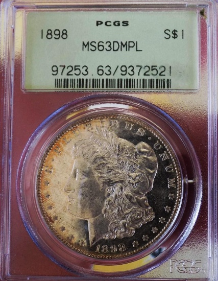 Morgan silver dollar 1898 PCGS certified MS 63 DMPL++ old green holder Rainbow monster coin