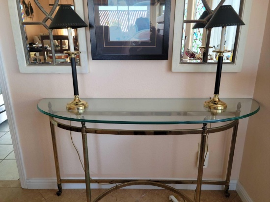 Brass Glass entry table w Lamps