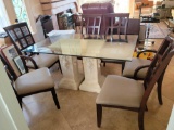 Beautiful Glass Stone pillar table w 6 wood and fabric chairs