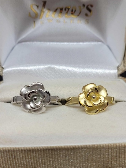 set of 10k White and yellow gold Rose rings size 8 1/2
