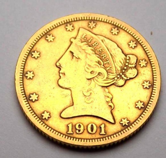 Gold five dollar liberty coin 1901 s better date au+++ stunning old gold tested and authenticated